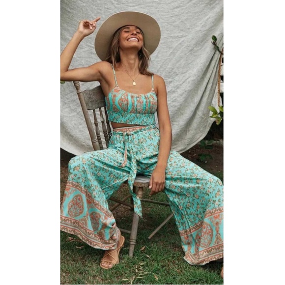 Mint boho gypsy cami crop top wide leg Pant Set - Picture 5 of 6
